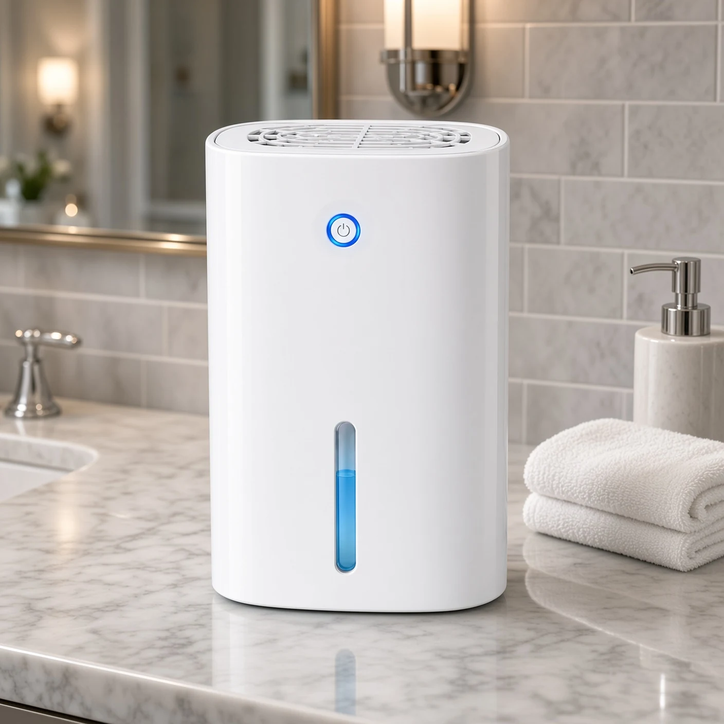 Drydon-style compact dehumidifier on a bathroom counter
