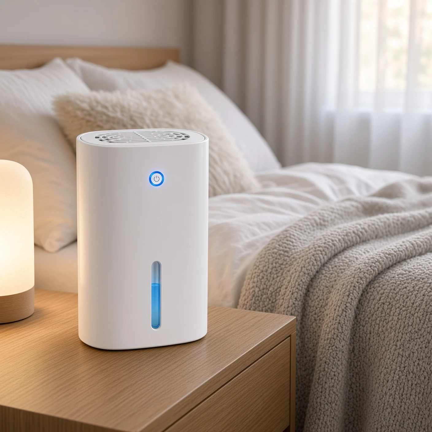 Drydon-style compact dehumidifier on a bedside table