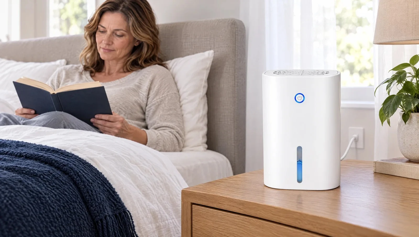 Drydon compact dehumidifier with white body and blue button