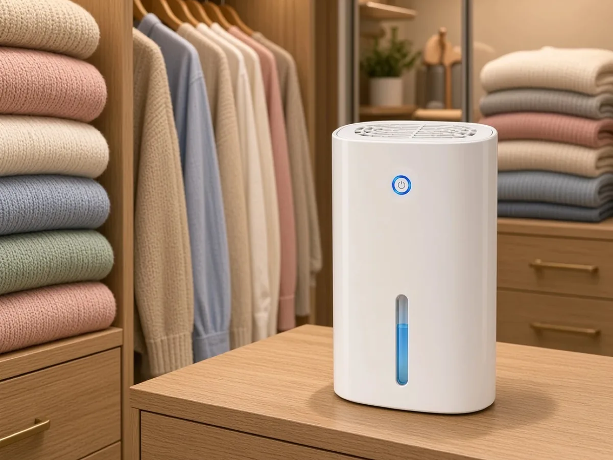 White Drydon compact dehumidifier on a wooden chest of drawers in a wardrobe with folded jumpers and hanging clothes