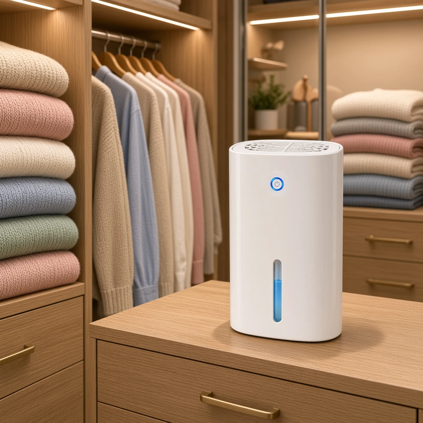 Drydon-style compact dehumidifier in a wardrobe